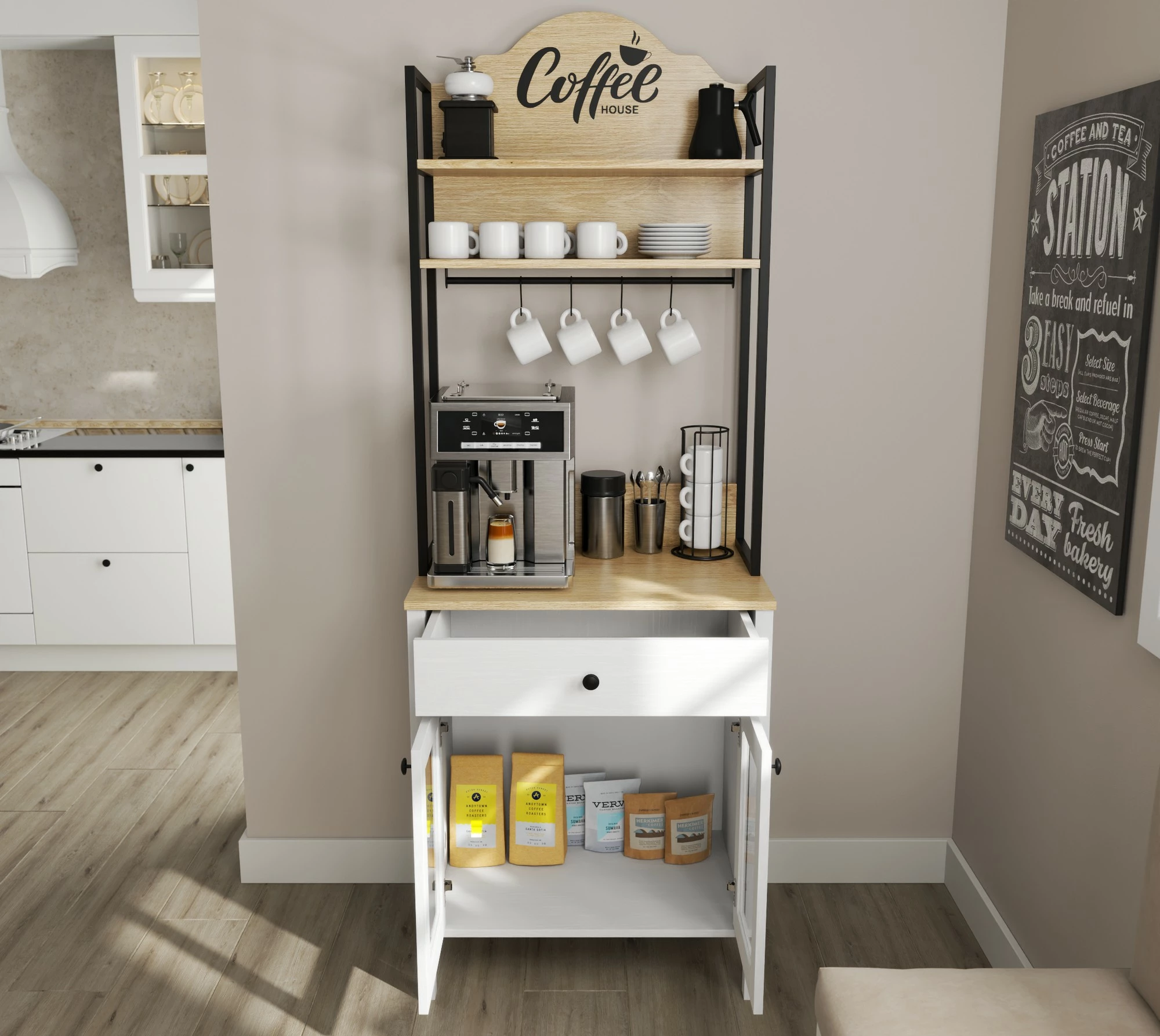 Dollap për kafe, ngjyrë druri dhe e bardhë, Hanah Home, FRN-20076