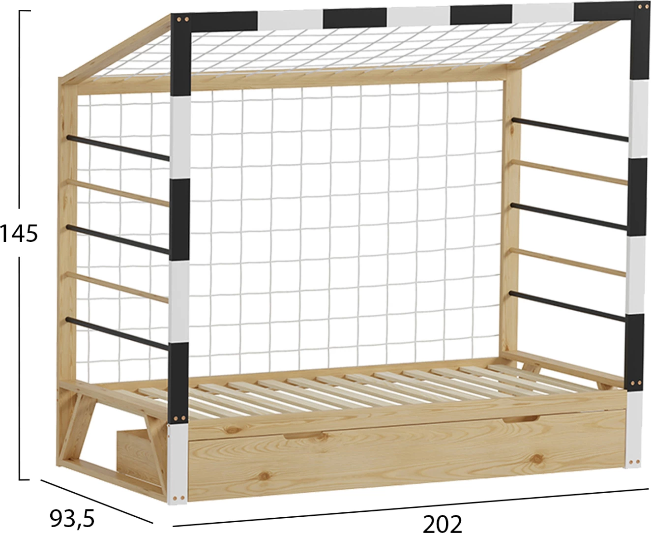 Krevat për fëmijë Montessori, me hapësirë për depo, GOALIE FH700, dru pishe, natyral-bardhë-e zezë, për dyshek 190x90cm
