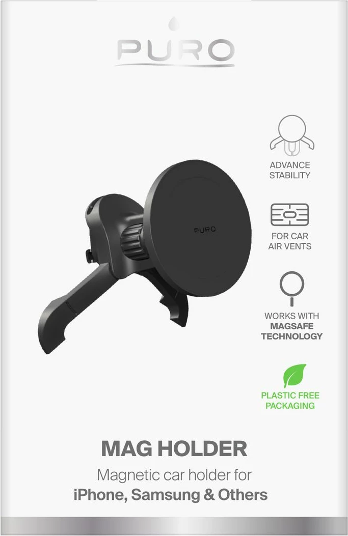 Mbajtës magnetik për celular Puro PUSH12MAGBLK, për grilë ventilimi, MagSafe, i zi