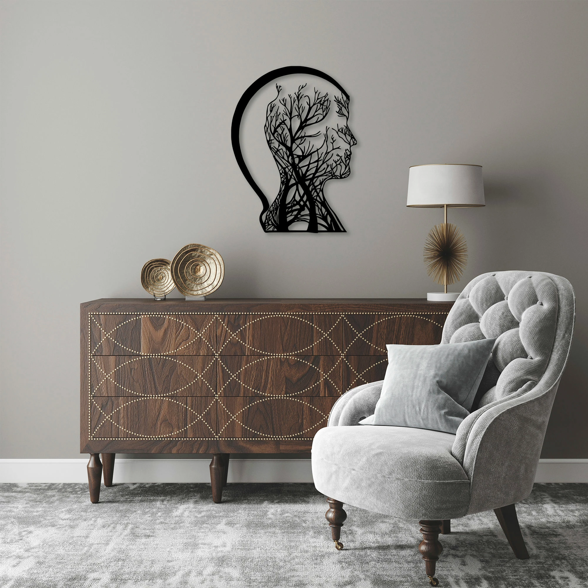 Aksesor dekorativ metalik për mur, Wallity, Tree Man - 322, ngjyrë e zezë, 52x70cm