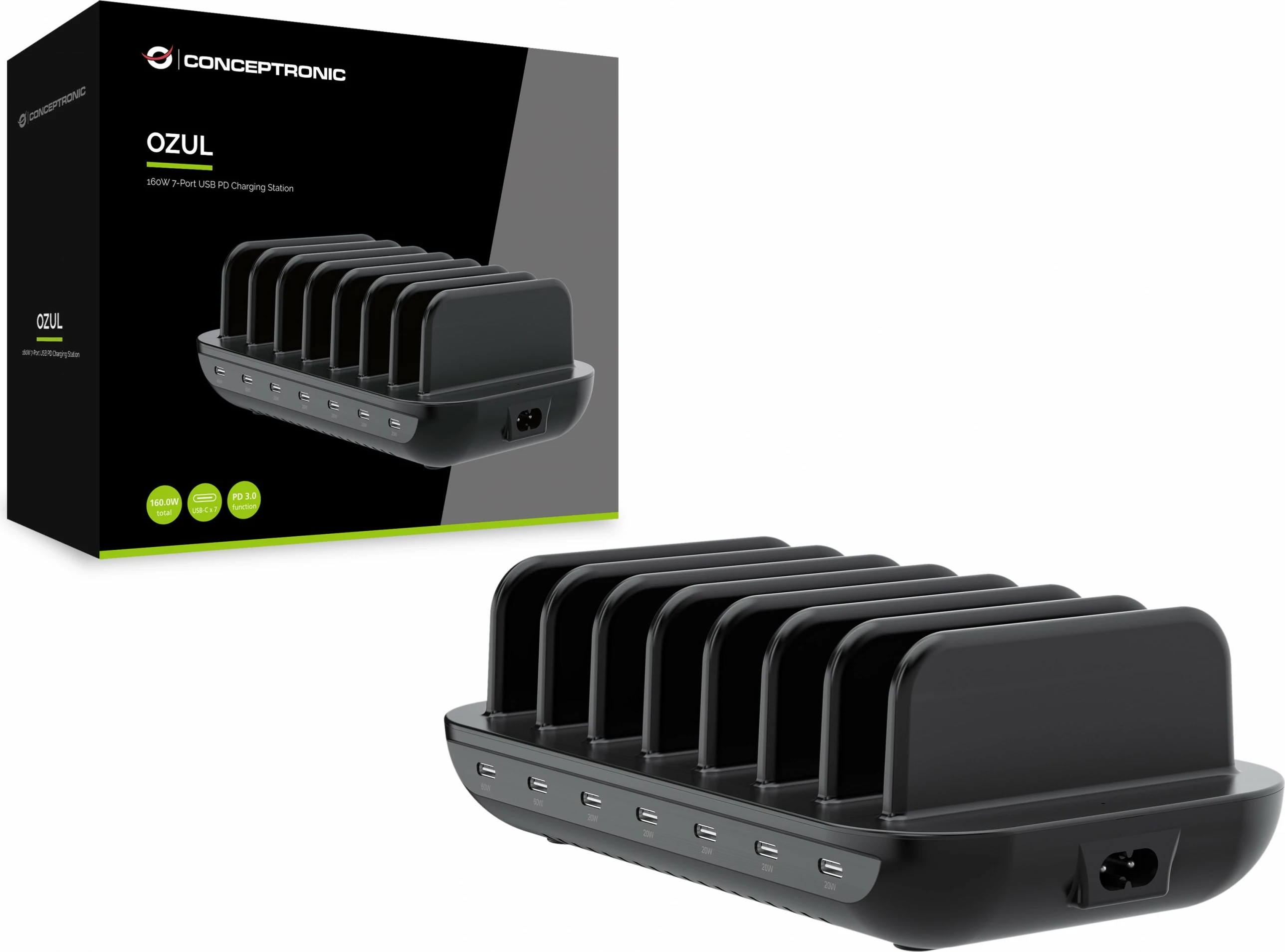 Karikues shumëportësh Conceptronic 7xUSB-C 160W, i zi