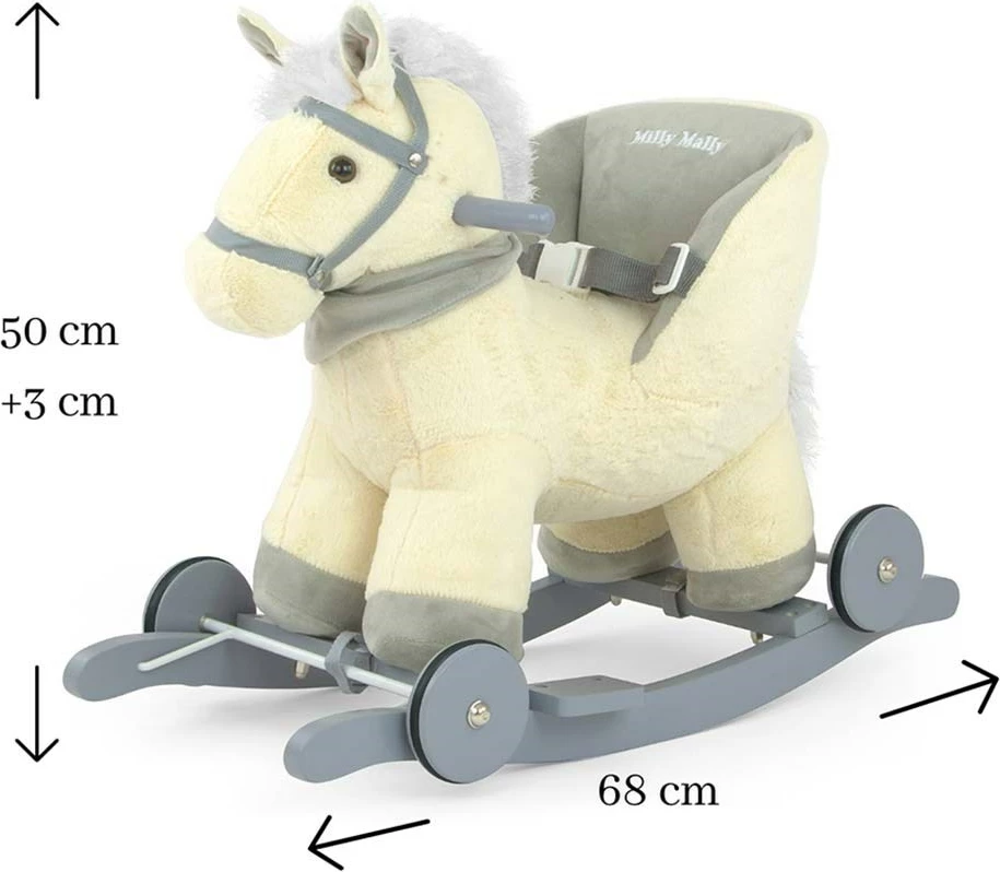 Kalë lëkundës 2-në-1 me melodi dhe rrota, Milly Mally, Polly, karrige me rripa sigurie, deri 30 kg, 12–36 muaj, bezhë