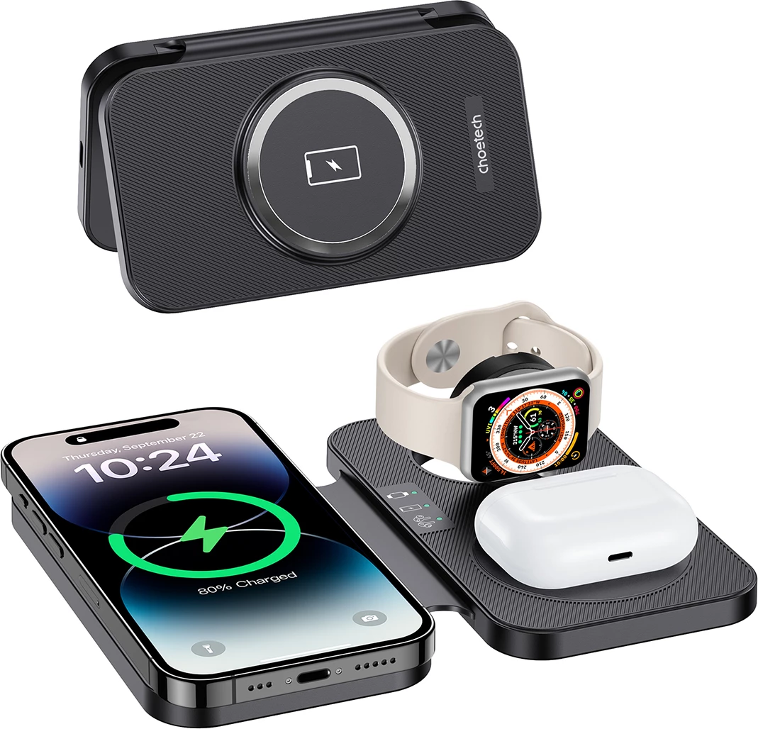 Karikues wireless 3-në-1 Choetech T616-F, me LED, me kabllo USB-C, i zi