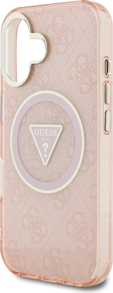 Mbështjellës Guess IML Metal Glitter 4G Circle Triangle MagSafe për iPhone 16, Rozë