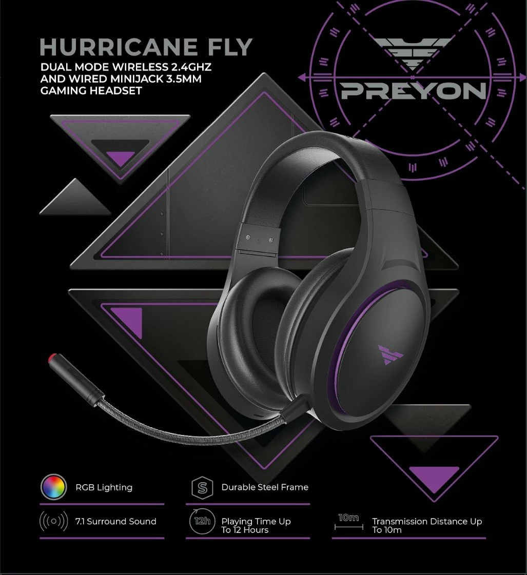 Kufje gaming PREYON Hurricane Fly PHF40B wireless 7.1 RGB me mikrofon të shkëputshëm, të zeza