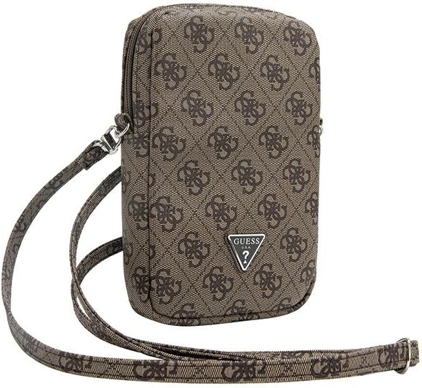 çantë për telefon Guess Zip 4G Triangle, Saffiano teksturë, rrip i rregullueshëm, 1 ndarje, 19x12x3.8 cm, kafe