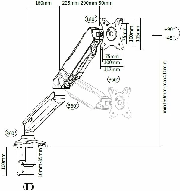 Krah monitori ICYBOX IB-MS303-T, deri 27\", VESA 75x75/100x100, gas spring, max 6.5 kg, i zi