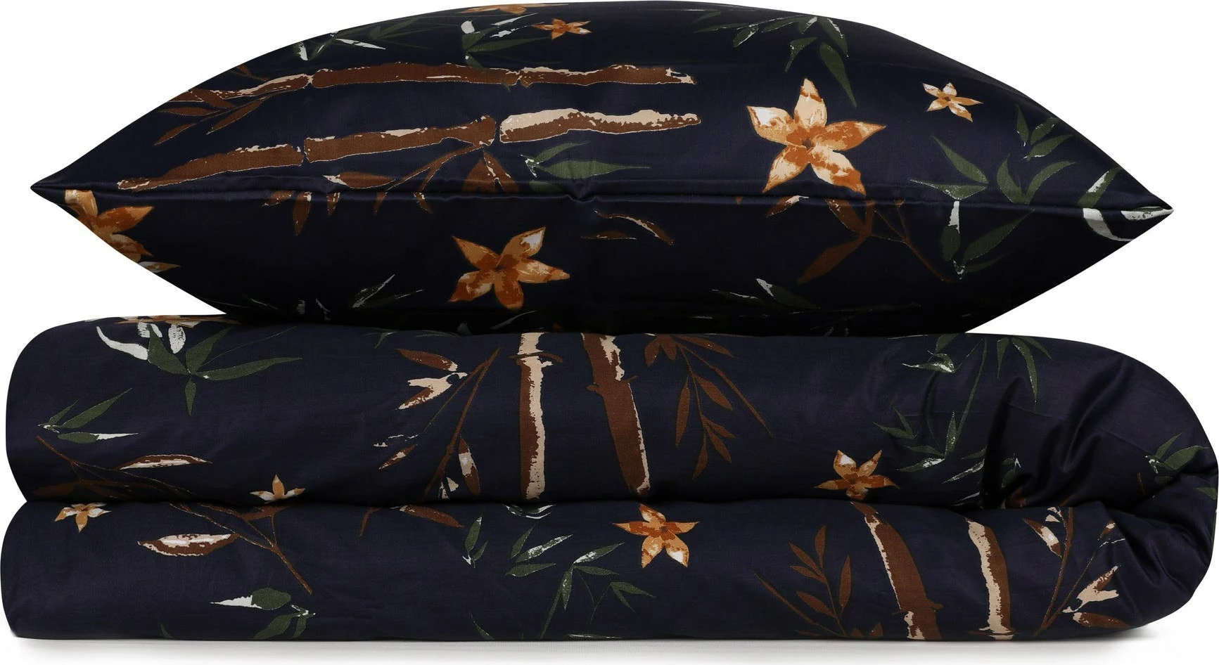 Set mbulesë për jorgan King, saten, L'essentiel, bambu-lule, ngjyrë kaltër e errët, kafe, e verdhë