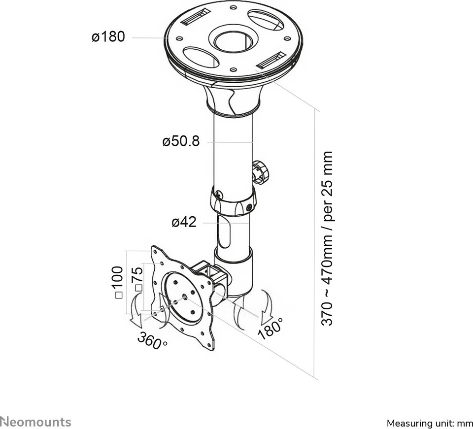 Mbajtës tavani për monitor/TV Neomounts FPMA-C025SILVER, 10-30 inç, rrotullues, argjend