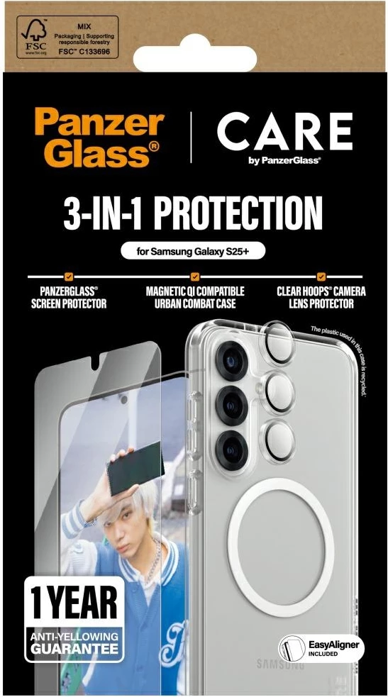 Mbështjellës PanzerGlass CARE Flagship 3in1 me xham mbrojtës dhe mbrojtëse lente për Samsung Galaxy S25+, Transparent