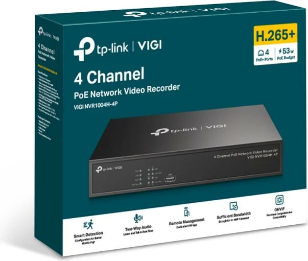 Regjistrues video rrjeti PoE 4-kanalësh, TP-Link VIGI NVR1004H-4P, 100Mbps, i zi