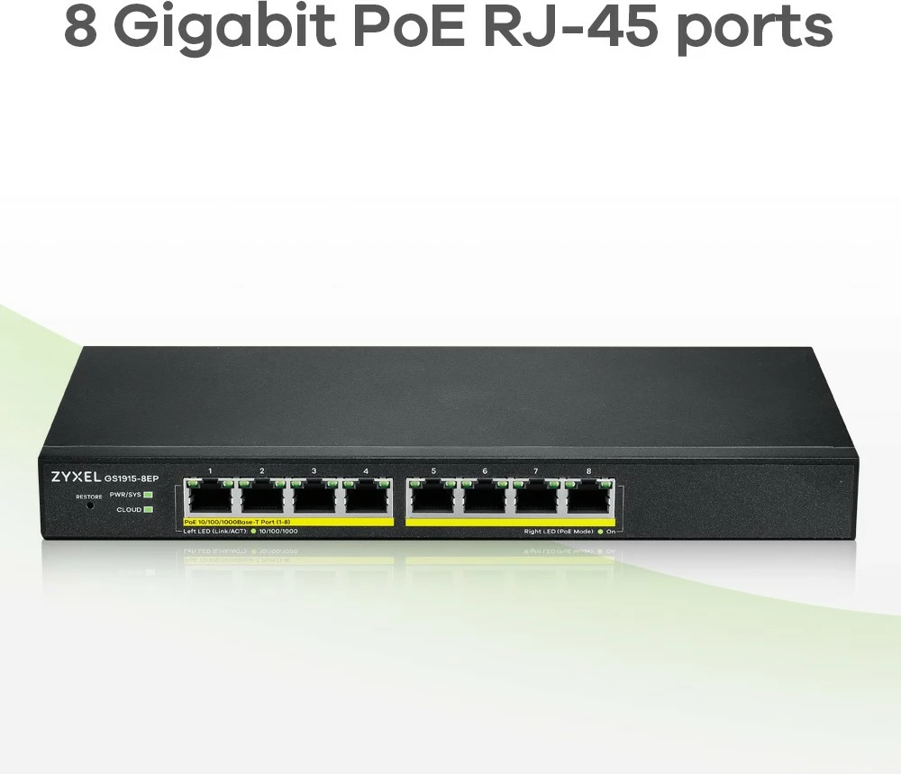 Switch Zyxel GS1915-8EP, i menaxhuar, L2, Gigabit Ethernet, PoE