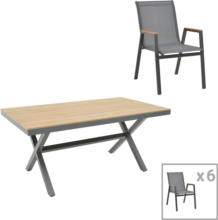 Set tavoline me karrige për terasë Thorio-Azelie, alumin antracit, plywood natyral, 160x90x75cm, 7 copë