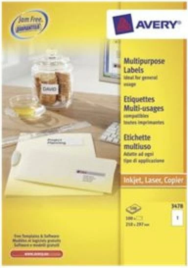 Etiketa vetëngjitëse, Avery Zweckform, 3478, A4 210 x 297 mm, 100 fletë, të bardha
