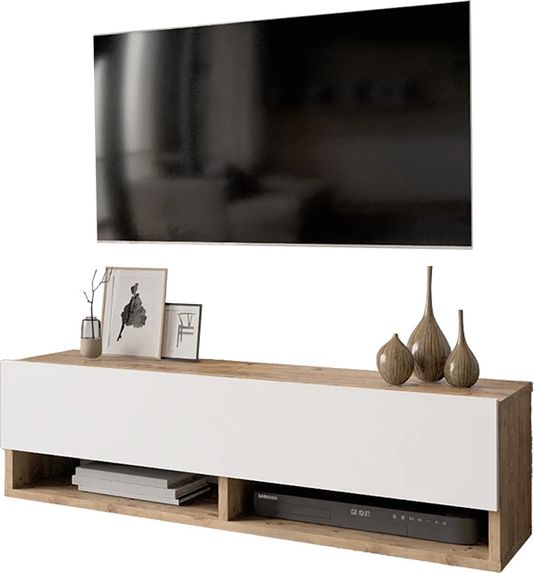 Njësi TV e varur në mur, ngjyrë e bardhë-lisi, 100x31.5x29.5cm