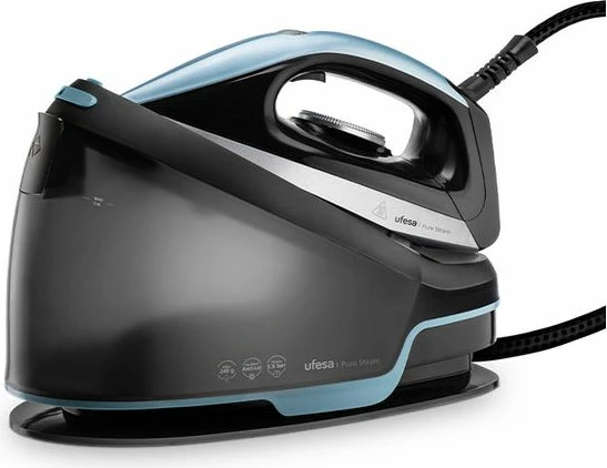 Hekur me stacion avulli UFESA Pure Steam 80206190, 2400 W, 6.5 bar, rezervuar 1.2 l, pllakë qeramike, i zi/kaltër