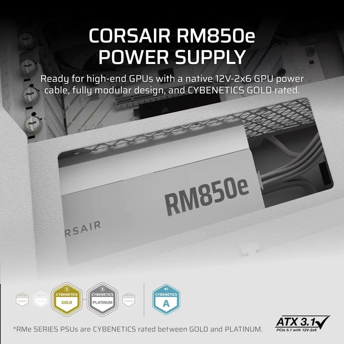 Kasë Corsair RM850e, 850 W, modular, ATX 3.1, e bardhë