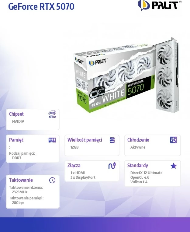 Kartelë grafike Palit GeForce RTX 5070 WHITE OC, 12GB GDDR7, 192bit, 3x DisplayPort/HDMI, e bardhë