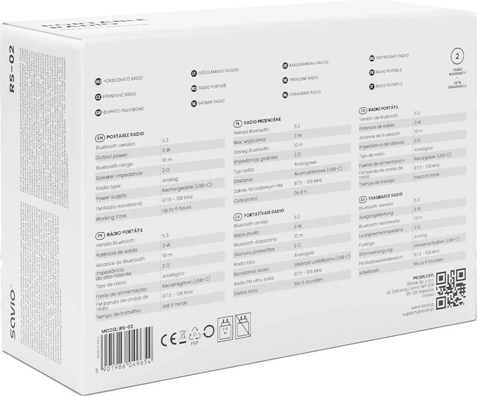 Radio portative Savio RS-02, Bluetooth 5.3, USB-C, e bardhë