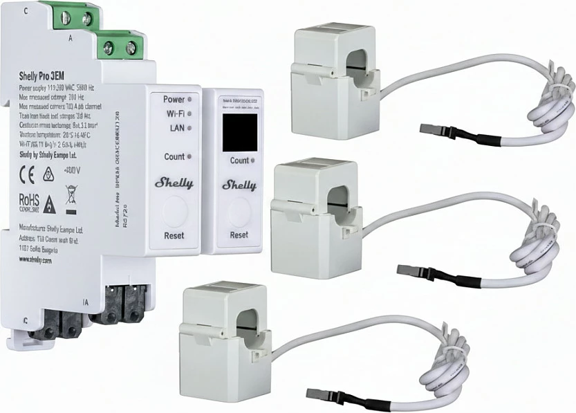 Matës energjie Shelly Pro 3EM 120A v2, shinë DIN, Wi‑Fi/LAN/BT, 3x kapësa 120A, i bardhë