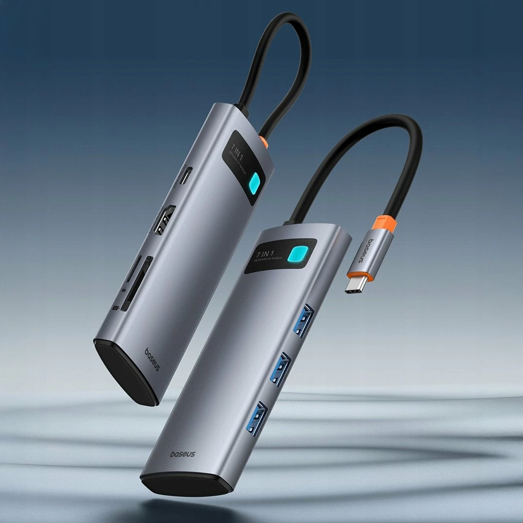 Hub USB-C Baseus Metal Gleam 7n1, HDMI 4K@60Hz, 3x USB 3.0, USB-C PD 100W, SD/microSD, gri