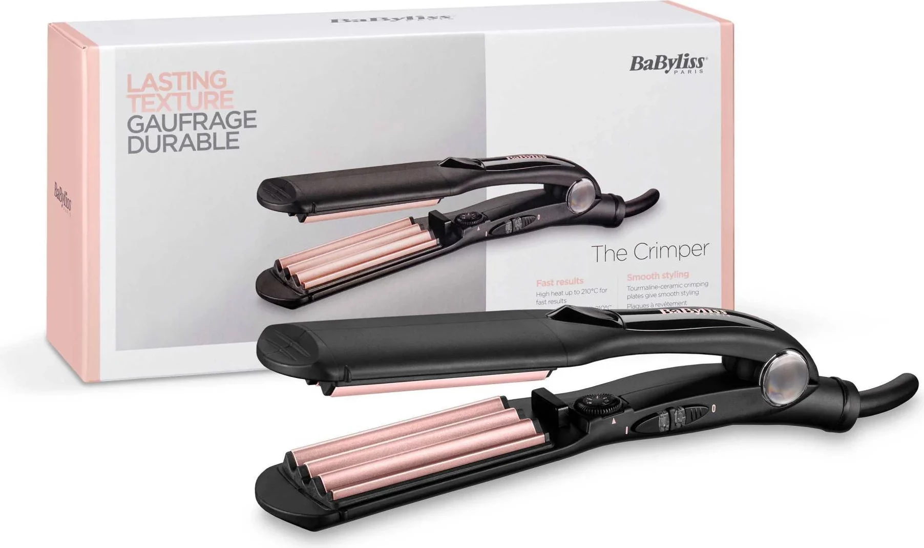 Drejtues flokësh me valë, BaByliss 2165CE, pllaka 45 mm, 120-210°C, 10 nivele, veshje turmalinë-keramike, e zezë/rozë metalike