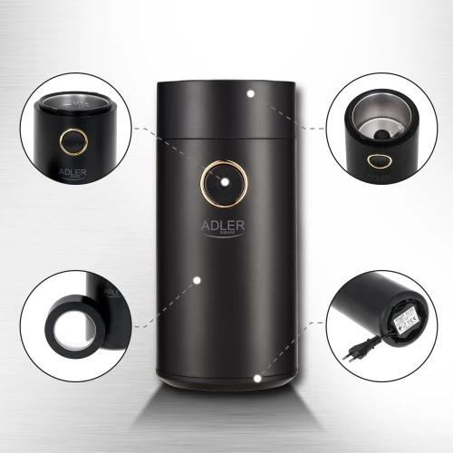 Bluarëse kafeje elektrike, Adler AD 4446, 150 W, 75 g, enë metalike, kapak transparent, e zezë me të artë