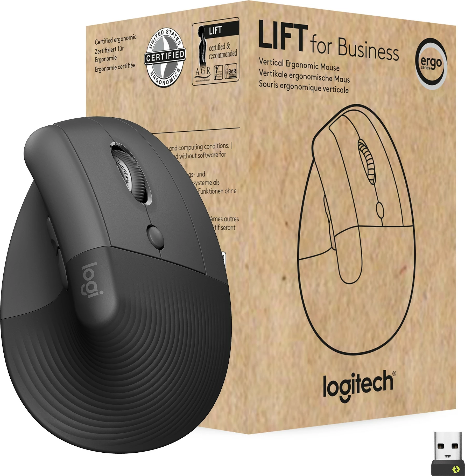 Maus ergonomik Logitech Lift për biznes, dizajn vertikal, optik, RF Wireless + Bluetooth, 4000 DPI, grafit