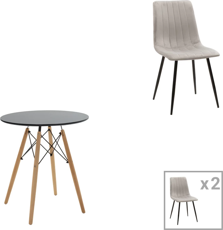 Set tavoline me dy karrige Julita-Noor, MDF i zi, këmbë natyrale, karrige kadife gri, 60x76cm