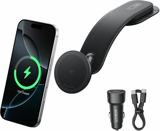 Karikues wireless magnetik për veturë, ANKER Nano MagGo B2216H11, 15W, me mbajtëse, i zi, set me adapter 25W + kabllo USB-C