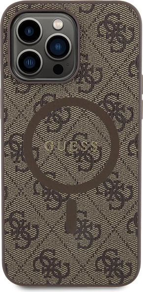 Mbështjellës Guess 4G Collection Leather Metal Logo MagSafe për iPhone 13 Pro / iPhone 13, Kafe