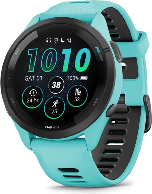 Smartwatch Garmin Forerunner® 265 Black Bezel, Aquamarine Case, Aquamarine/Black Silicone Strap, 46 mm