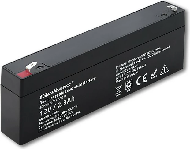 Bateri AGM Qoltec 53064, 12V, 2.3Ah, e zezë