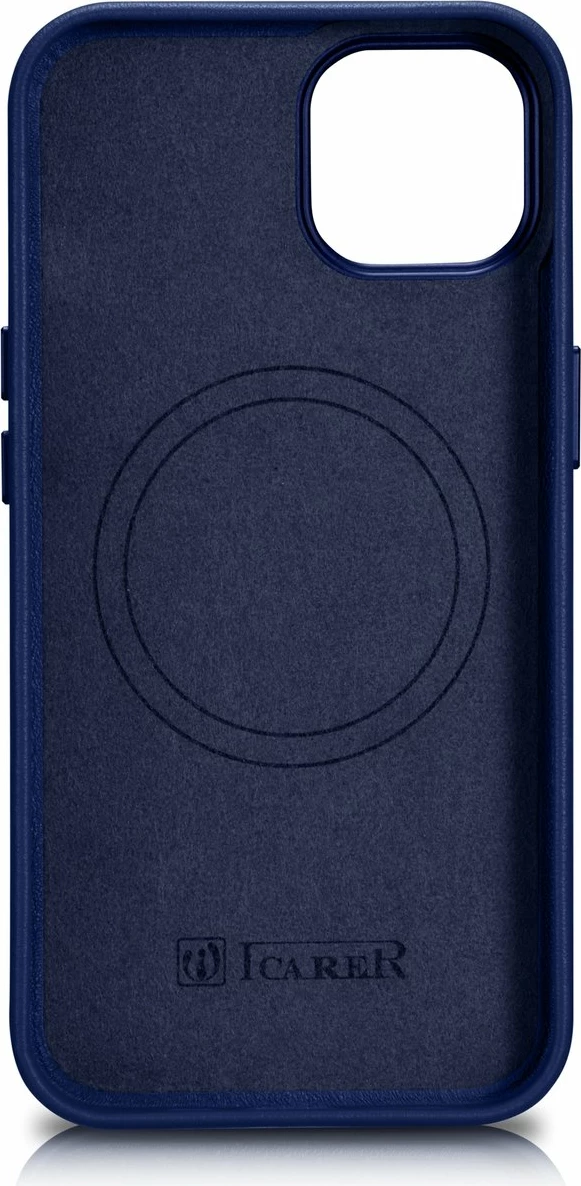 Mbështjellës iCarer për iPhone 14, lëkurë natyrale, MagSafe, kaltër
