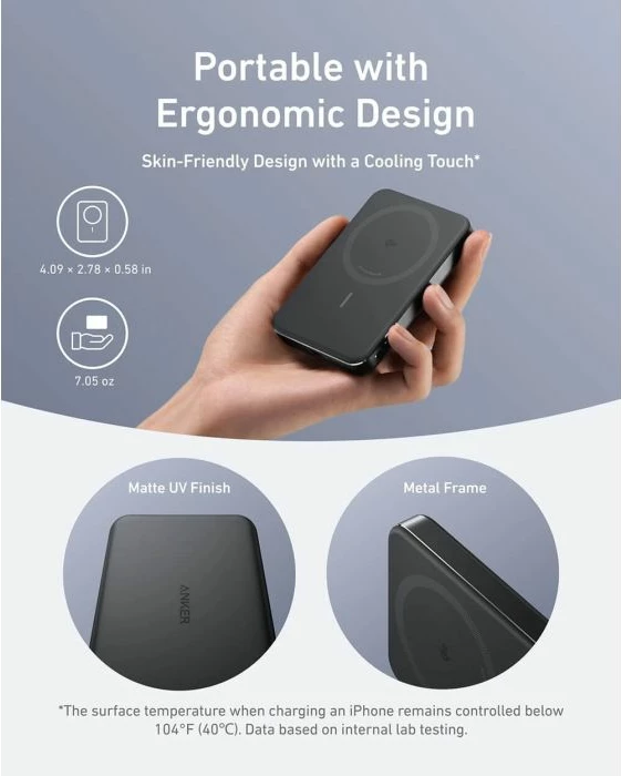 Powerbank magnetik wireless ANKER MagGo 10K Slim A1664, 10000mAh, Qi2 15W, USB-C 30W, e zezë, me kabllo USB-C në USB-C 60 cm