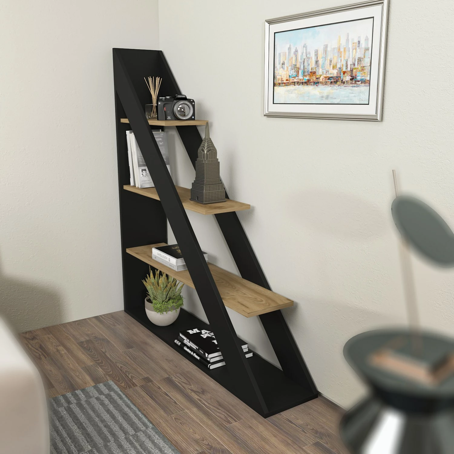 Raft librash Hanah Home, Pisagor, ngjyrë e zezë dhe lis