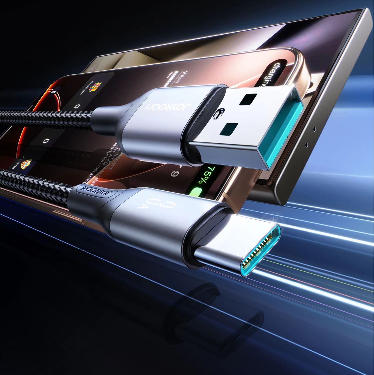 Kabllo USB-A në USB-C, Joyroom S-A28 Flash Series, 1 m, 3 A, USB 2.0 480 Mbps, najlon i gërshetum, e zezë
