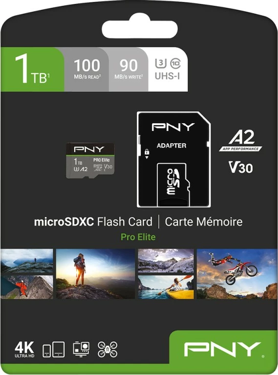 MicroSDXC PNY PRO Elite 1TB, Class 10, UHS-I, 100MB/s, 90MB/s, zi/gri