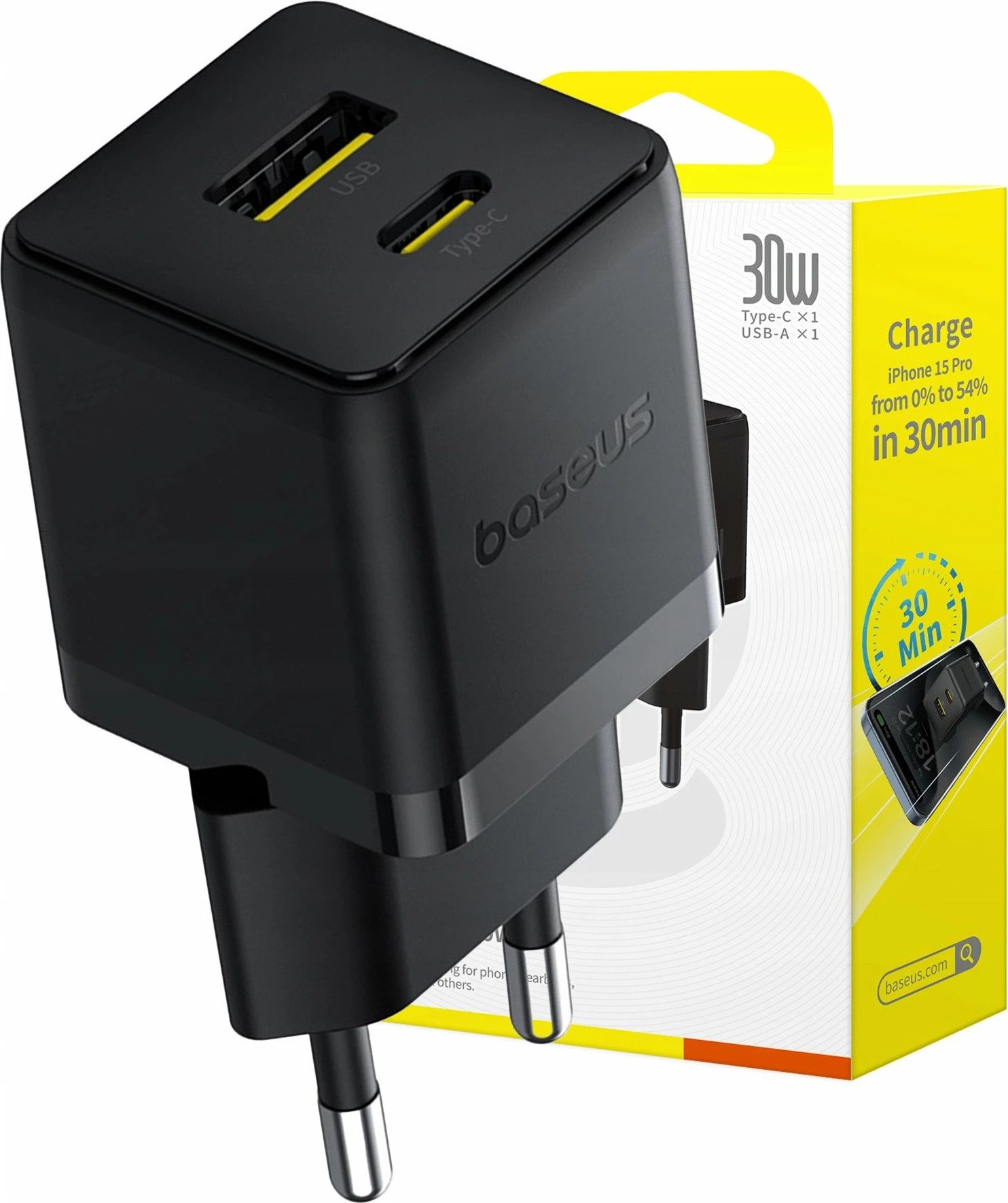 Karikues rrjeti Baseus Palm P1011160A113-00 30W, 1x USB-A + 1x USB-C, PD/QC, pa kabllo, i zi