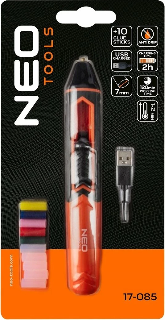 Stilolaps ngjitësi i nxehtë Neo Tools 17-085, bateri 2000 mAh, për shufra 8 mm, USB, set 10 shufra, portokalli/zi