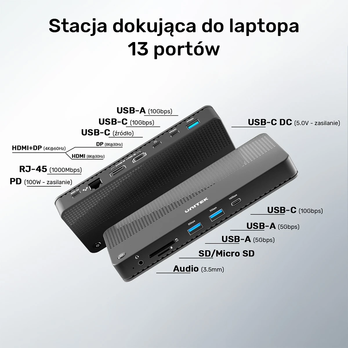 Stacion Dokimi Unitek 12 në 1, HDMI 8K, USB 4, 100 W, ngjyrë e zezë