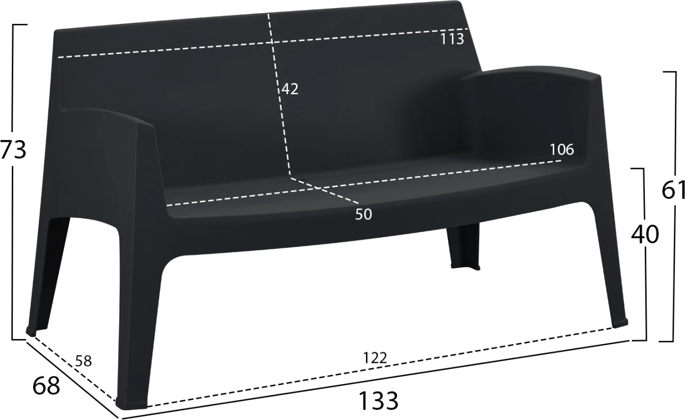 Divan i jashtëm 2-vendësh SLEEK, polipropilen, ngjyrë e zezë, FH6366.02, 118x48.5x73cm