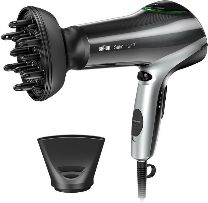 tharëse flokësh, Braun Satin Hair 7 HD710, IONTEC, 6 kombinime, me difuzor dhe grykë koncentrimi, e zezë/argjend