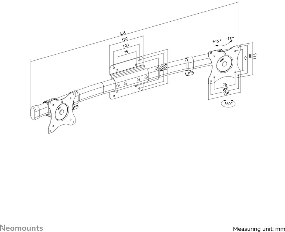 Adapter për dy monitorë Neomounts FPMA-CB100BLACK, VESA 75x75/100x100, 10-27 inç, i zi