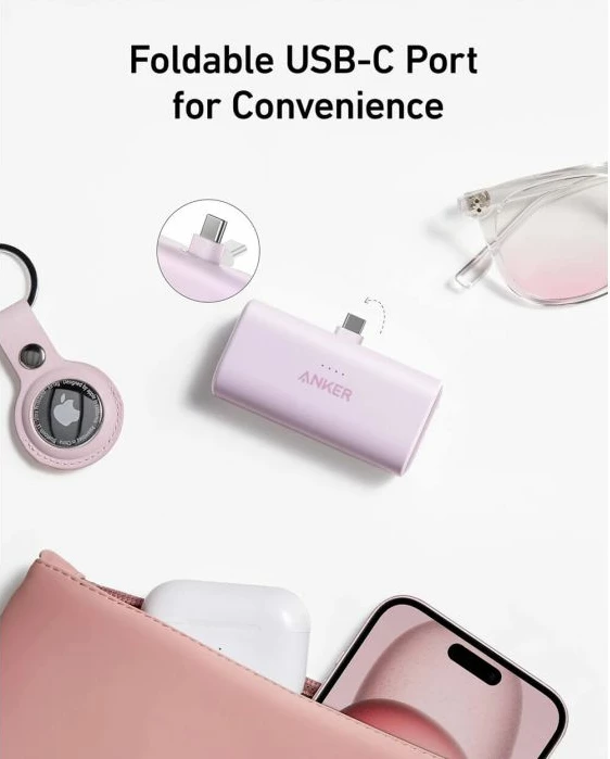 Powerbank Anker Nano 5K A1653H11 5000mAh 22.5W USB-C me konektor të palosshëm, e zezë, set me kabllo USB-C në USB-C 0.6m
