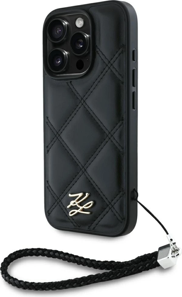 Mbështjellës Karl Lagerfeld Quilted Initial Logo & Chain Strap për iPhone 16 Pro, i zi