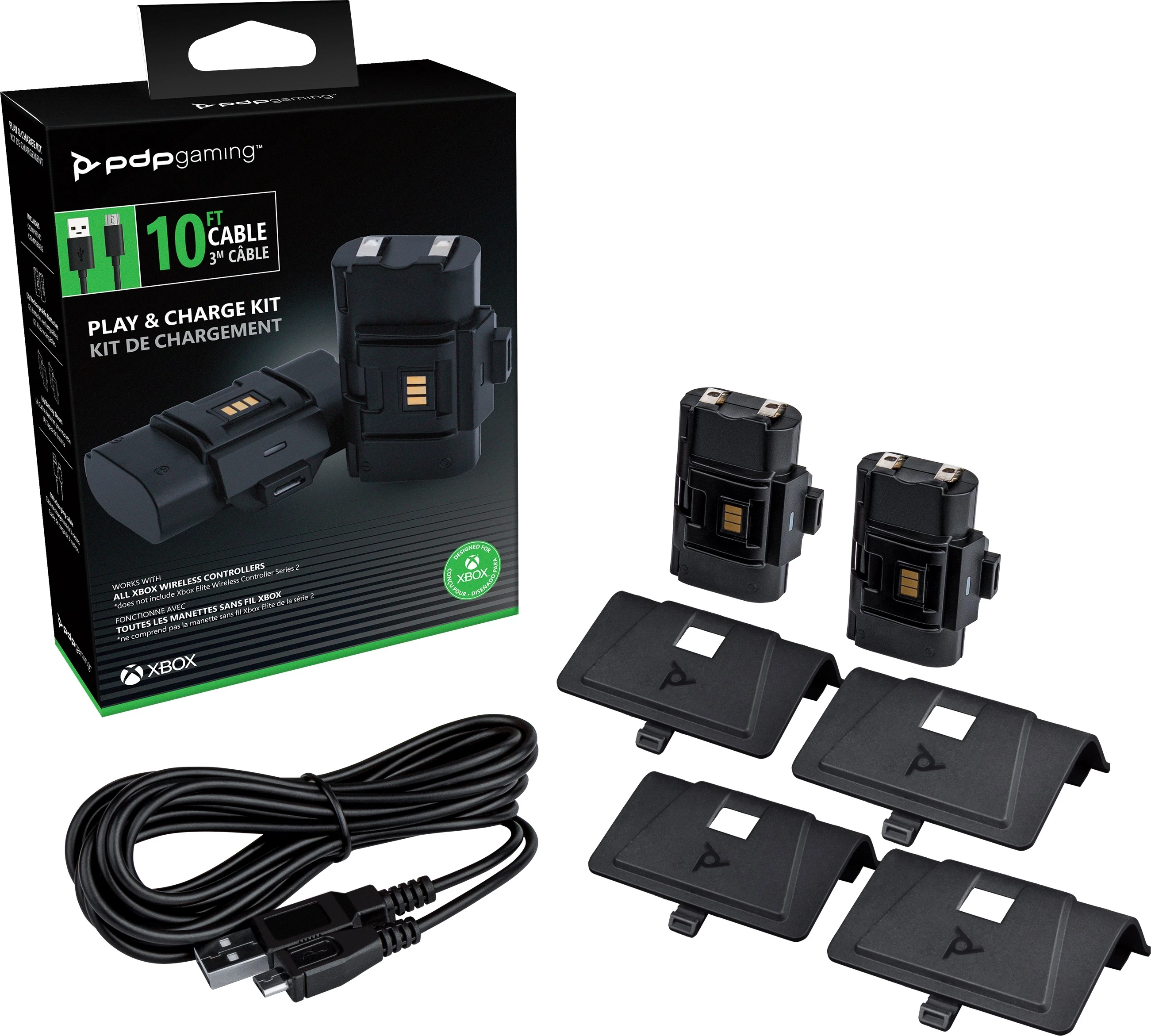 Kit karikimi PDP Gaming Play & Charge për kontrolle Xbox One/Series X|S, 2x bateri 1200mAh, kabllo 10m, set me 4 kapakë baterie