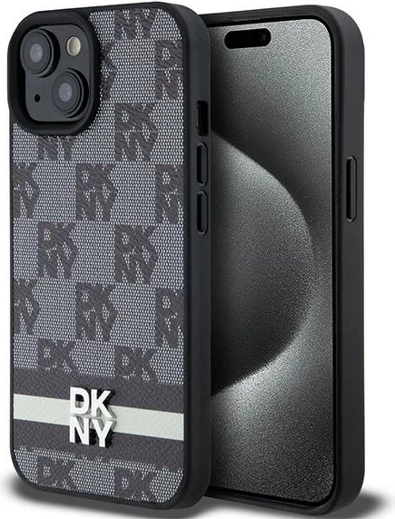 Mbështjellës DKNY Leather Checkered Mono Pattern & Printed Stripes për iPhone 15 Plus / 14 Plus, e zezë