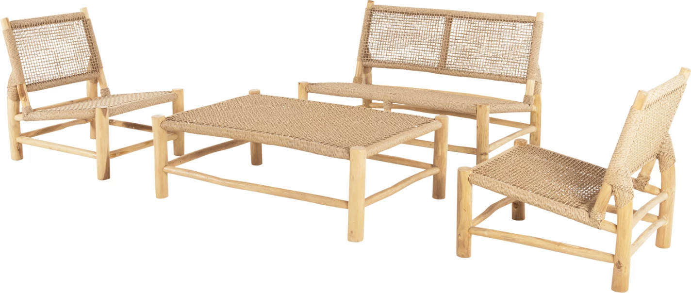 Set salloni për jashtë 4 pjesë, dru teak, ratan sintetik, ngjyrë natyrale