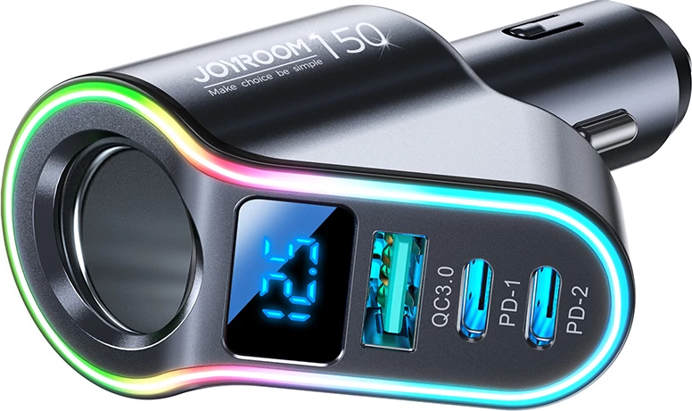 Karikues veture Joyroom JR-CL21, 150W, 3 porta (USB-A QC3.0, 2x USB-C PD3.0), LED, zi